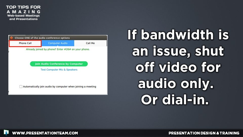 Web Meeting Tech Tip:  If bandwidth is an issue, shut off video for audio only.  Or dial-in.