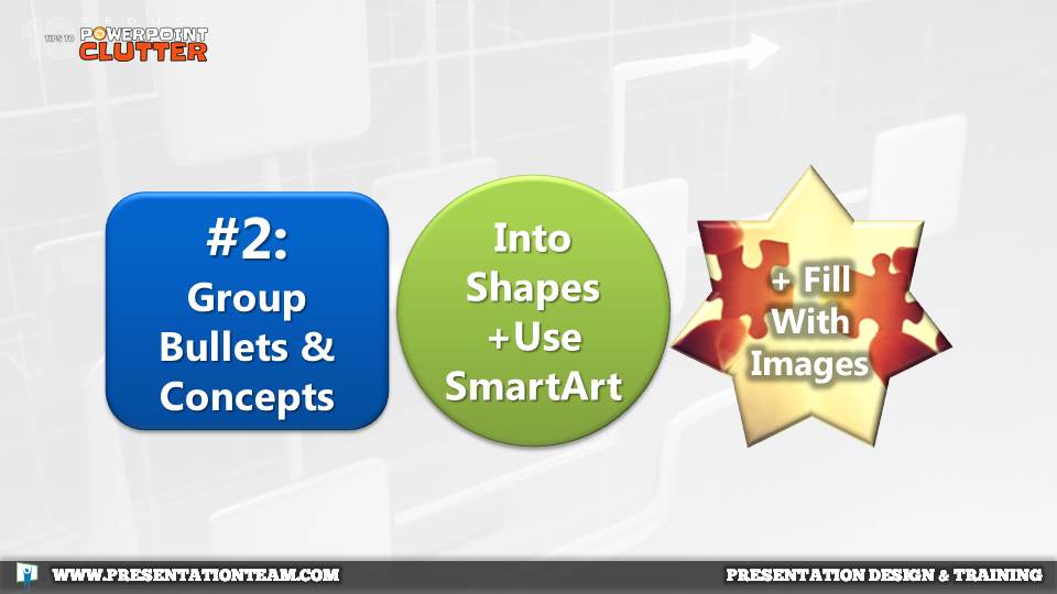 Fixing Busy PowerPoint: Group bullets and objects into shapes (SmartArt).