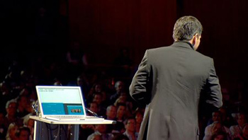 Speaker Shai Agassi at a Ted Conference using Presenter View | Graphic Courtesy Garr Reynolds