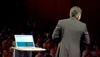 Speaker Shai Agassi at a Ted Conference using Presenter View  | Graphic Courtesy Garr Reynolds